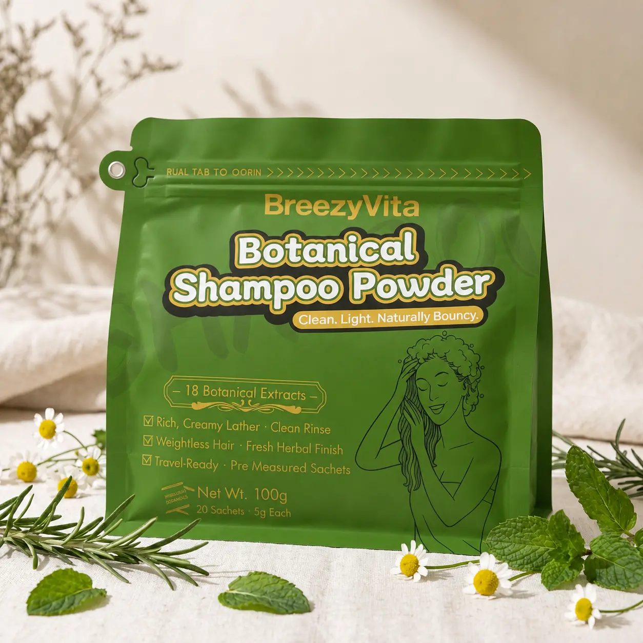 BREEZYVITA Plant-Based Shampoo Powder, Daily Foaming Scalp Cleansing for Oil Control & Volume, Lightweight Haircare for Fine & Curly Hair, Gentle Shampoo, Scalp Care, Voluminous Hair, Frizz Control, Natural Dry Shampoo