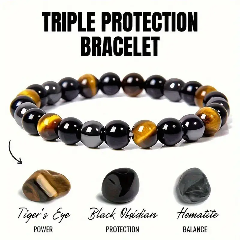 Must-Have Spiritual Triple Protection 8mm Tiger Eye Obsidian Hematite Stretch Bracelet for Men Women, Natural Healing Elastic Gemstone Jewelry, Daily Office Yoga Meditation Accessory, Birthday Gift for Him Her