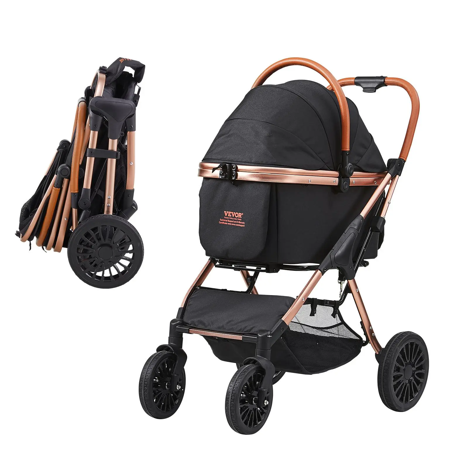 VEVOR Pet Stroller,  4 Wheels Dog Stroller Rotate with Brakes, 66 lbs Weight Capacity, Puppy Stroller with Detachable Carrier, Storage Basket and Pet Pad, for Small to Medium Sized Dogs, Black