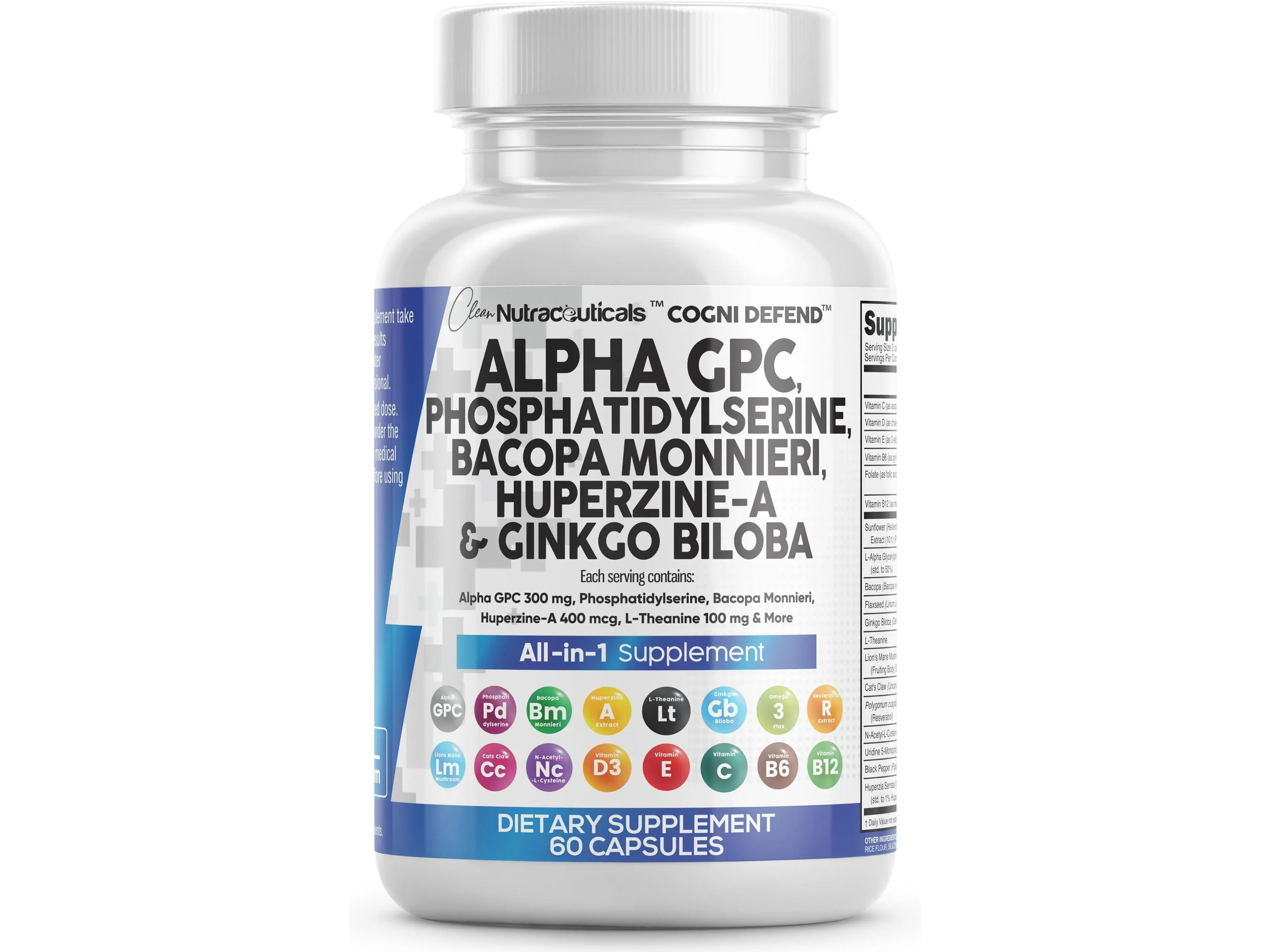 Clean Nutraceuticals Alpha GPC, Phosphatidylserine, Bacopa Monnieri, Huperzine-A, Ginkgo Biloba & More for Brain Booster Supplement Capsules – Cogni Defend