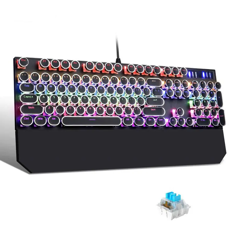 Wired Punk-Style Round ABS Keycaps Tactile Blue Switches Mechanical Gaming Keyboard - Ergonomic, RGB Backlit, USB Plug-and-Play, Full-Size, Metal Frame, Adjustable Speed - Gamer Stuff for PC, RGB Lights, Custom Keyboard Setup, TikTok Shop Back to School