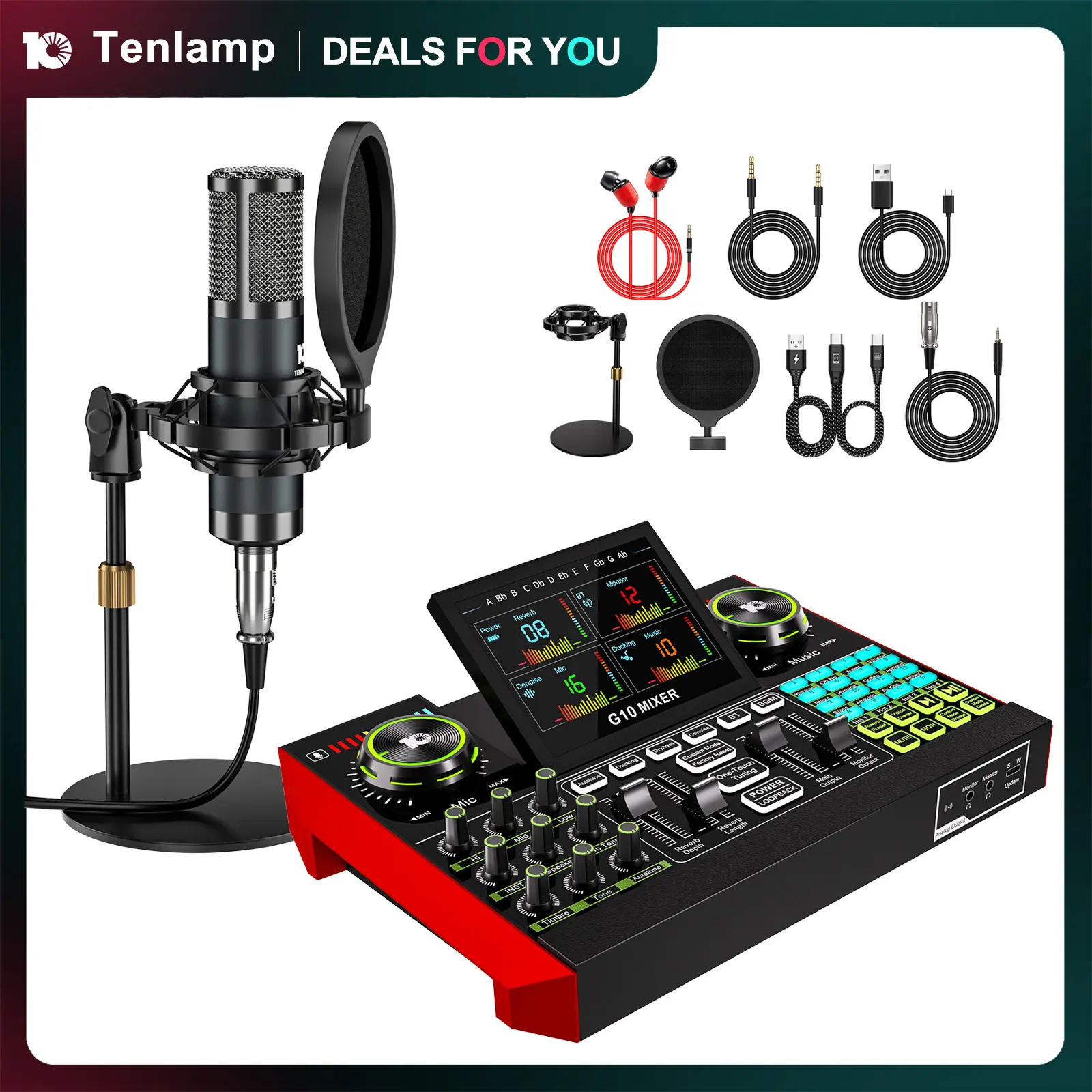 【Live Exclusive】Tenlamp G10-P15 Sound Card Kit with Condenser Mic, Pro Audio Mixer with Voice Changer & Noise Reduction for Streaming, Podcasting & Gaming #SummerWins #DealsForYouDays