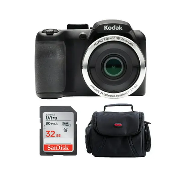 Kodak PIXPRO AZ252 Astro Zoom Digital Camera (Black) - 16MP Sensor, 25x Optical Zoom Lens, 24mm Wide Angle, 720p Video, LCD Display, Wi-Fi, 32GB SD Card, Protective Case Bundle, Image Stabilization, Image Stab., Camera Dslrs
