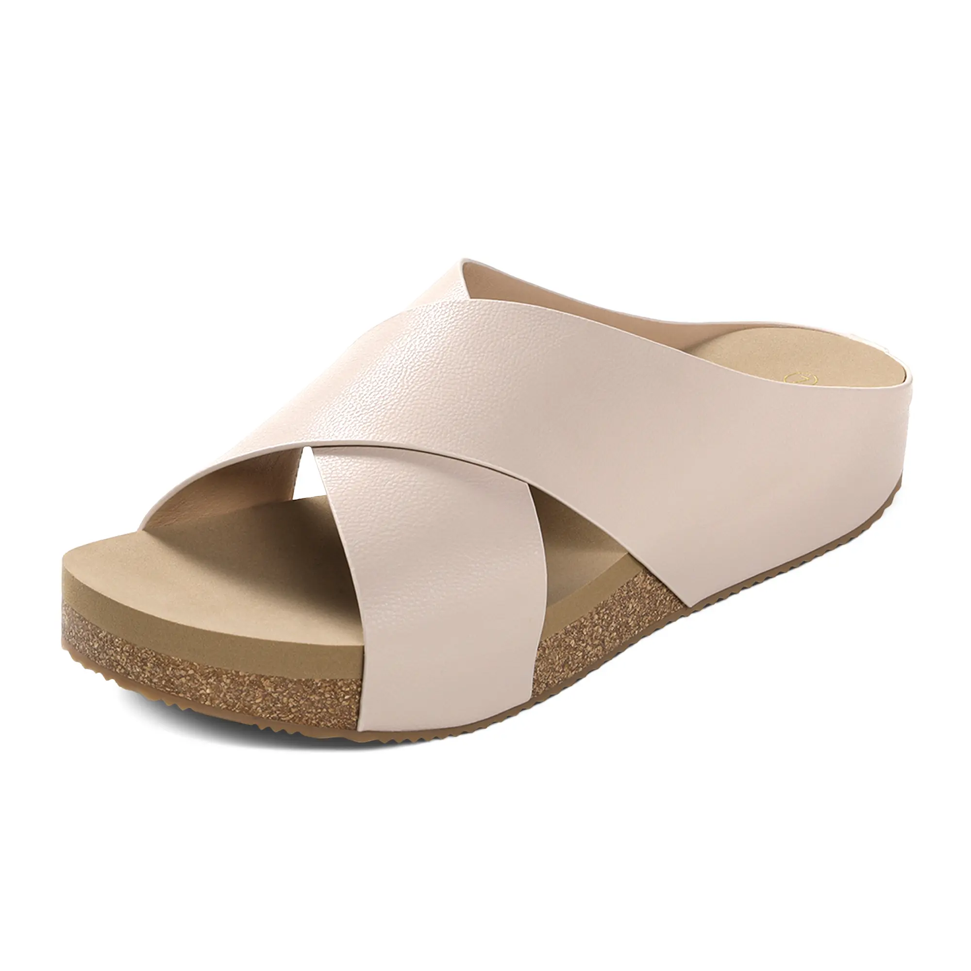 DREAM PAIRS Women's PU Cork Slide Sandals - Slip-On, Open-Toe, Crisscross, Low Heel, Cozy Platform Beach Walking Shoes for Summer Casual Outdoor Use, Beach Walking Sandals, Cozy Platform Sandals