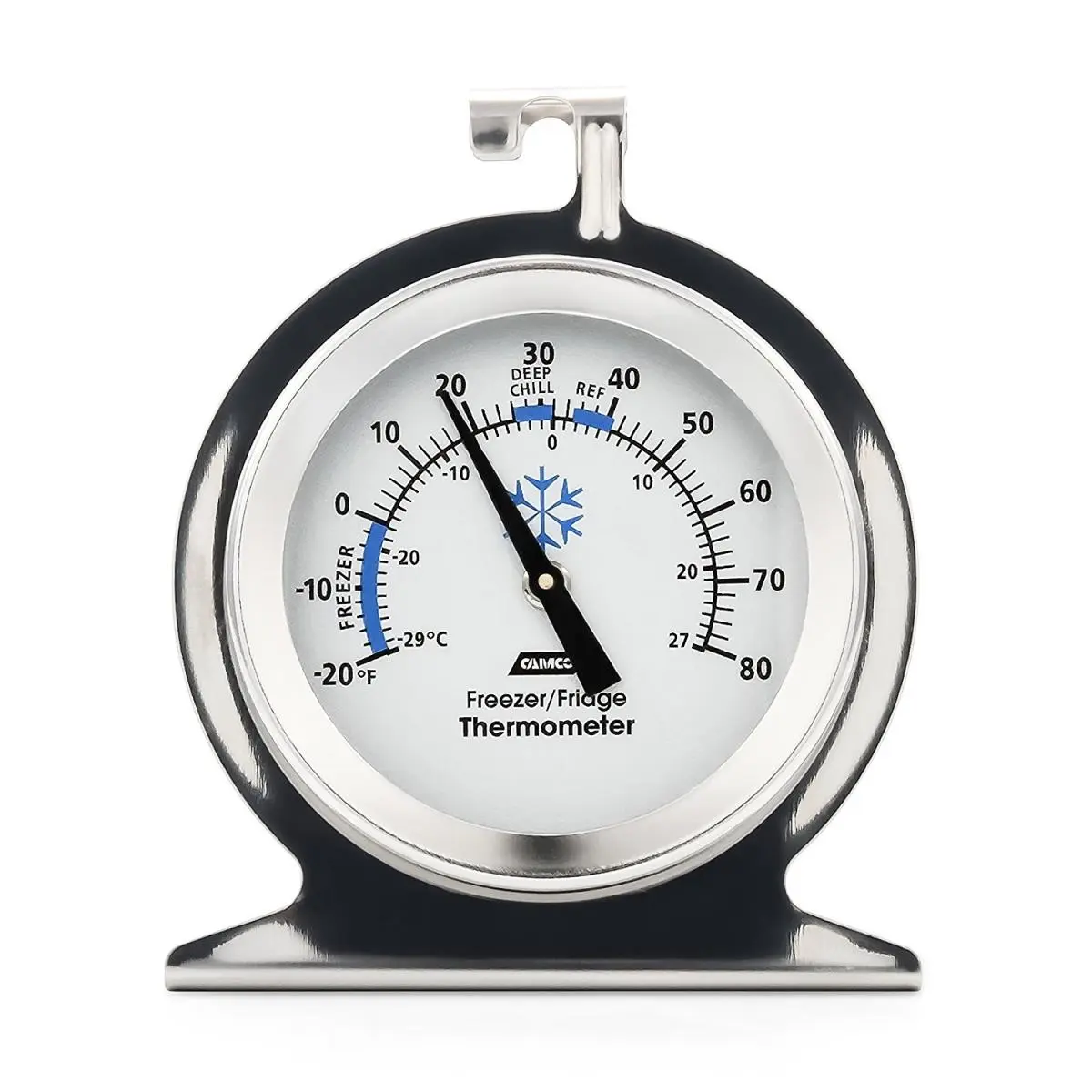 Camco Stainless Steel Refrigerator-Freezer Temperature Thermometer - Monitors Internal Temperature, Easy-Read Dial, Hooks for Hanging or Standing, Essential Kitchen Utensil for Home Use, Hooks, Hangs Or Stands, Monitor Internal Temperature