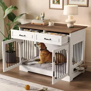 【Bellemave】43.3" Farmhouse Dog Crate Furniture, Wooden Dog Kennel with 2 Storage Drawers and Rotating Food Bowls, Secure Metal Bar Crate for Lage & Medium Dogs, Indoor Dog Crate Side Table, White and Brown