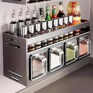4 Slot 5 Slot Kitchen Storage Rack Spice Organizer, Durable Aluminum Material Easy Installation, Wall Mounted with Pull-Out Storage Box for Kitchen Seasoning and Condiment Organization