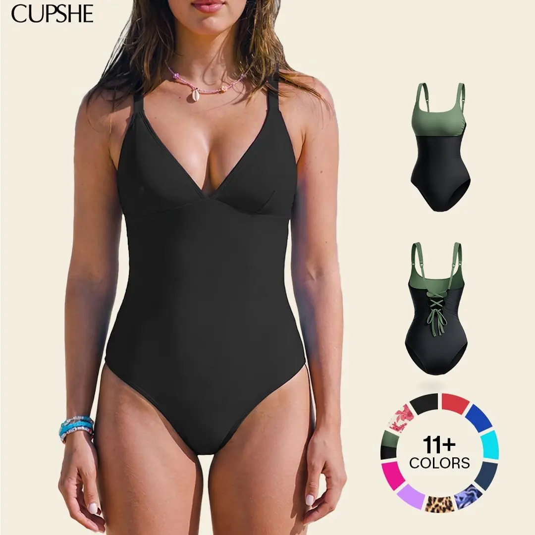 CUPSHE One-Piece Swimsuit, Plunging V Neck Sculpting Tummy Control Bathing Suit Swimswimsuits Swimwear with Adjustable Lace-Up Back (Size XS-3XL) Swimoutfit Bathing suit #summerfinds tiktokshopbacktoschool