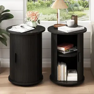 PieDle Furniture Round Fluted End Tabl, Small Accent Pedestal Side Table with Sliding Door & 2 Tier Storage Shelf, Wood Fluted Nightstand Bedside Table for Living Room, Bedroom