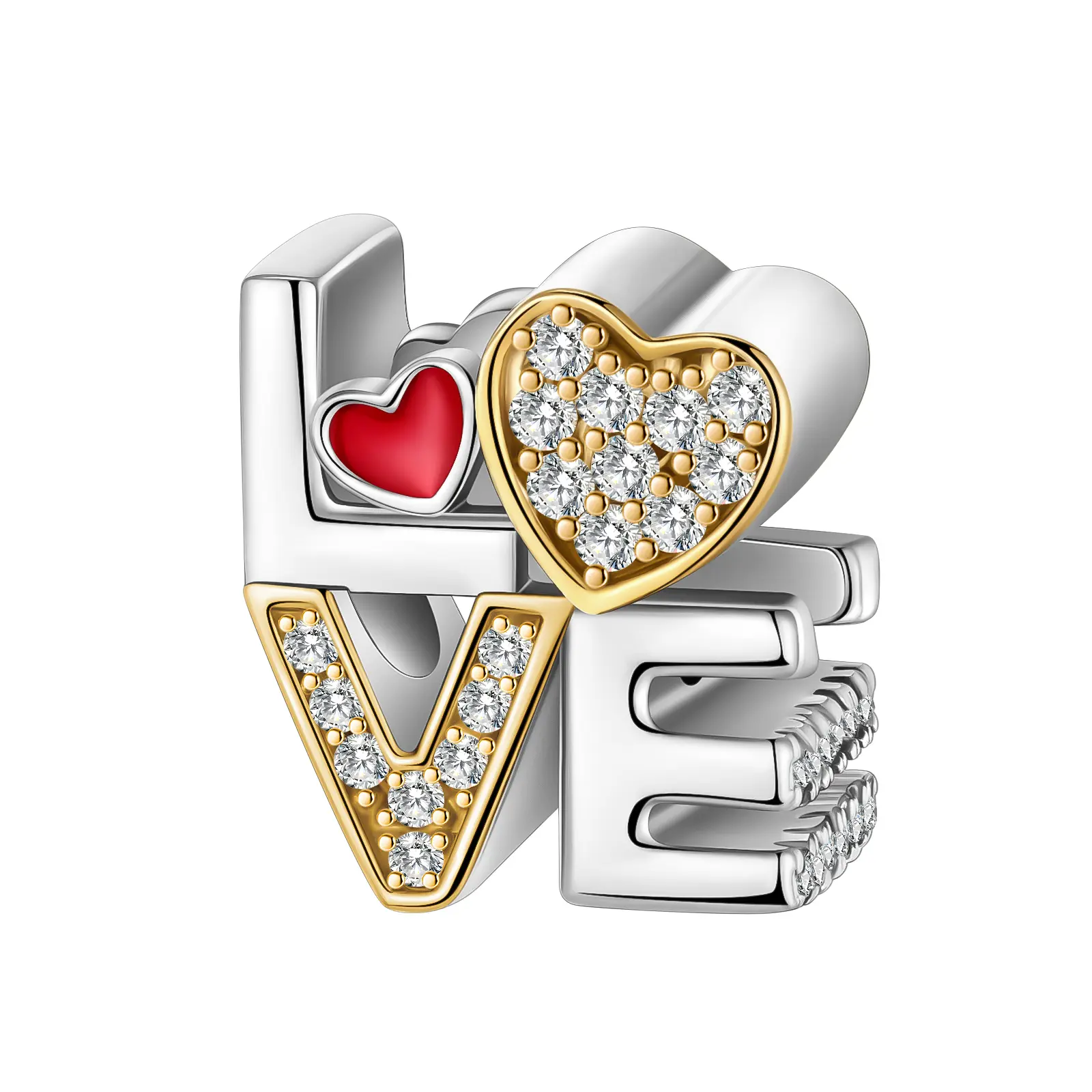 Silver-Plated Love & Heart Charm Beads with Bling Effect, Bold 'Love' Lettering - Bracelet Charms & Pendants, Compatible with Most Snap-Chain Styles, for Romantic Jewelry Gifts for Women (Valentine’s Day/Mother’s Day), Letters, Affordable Luxury, Annivers