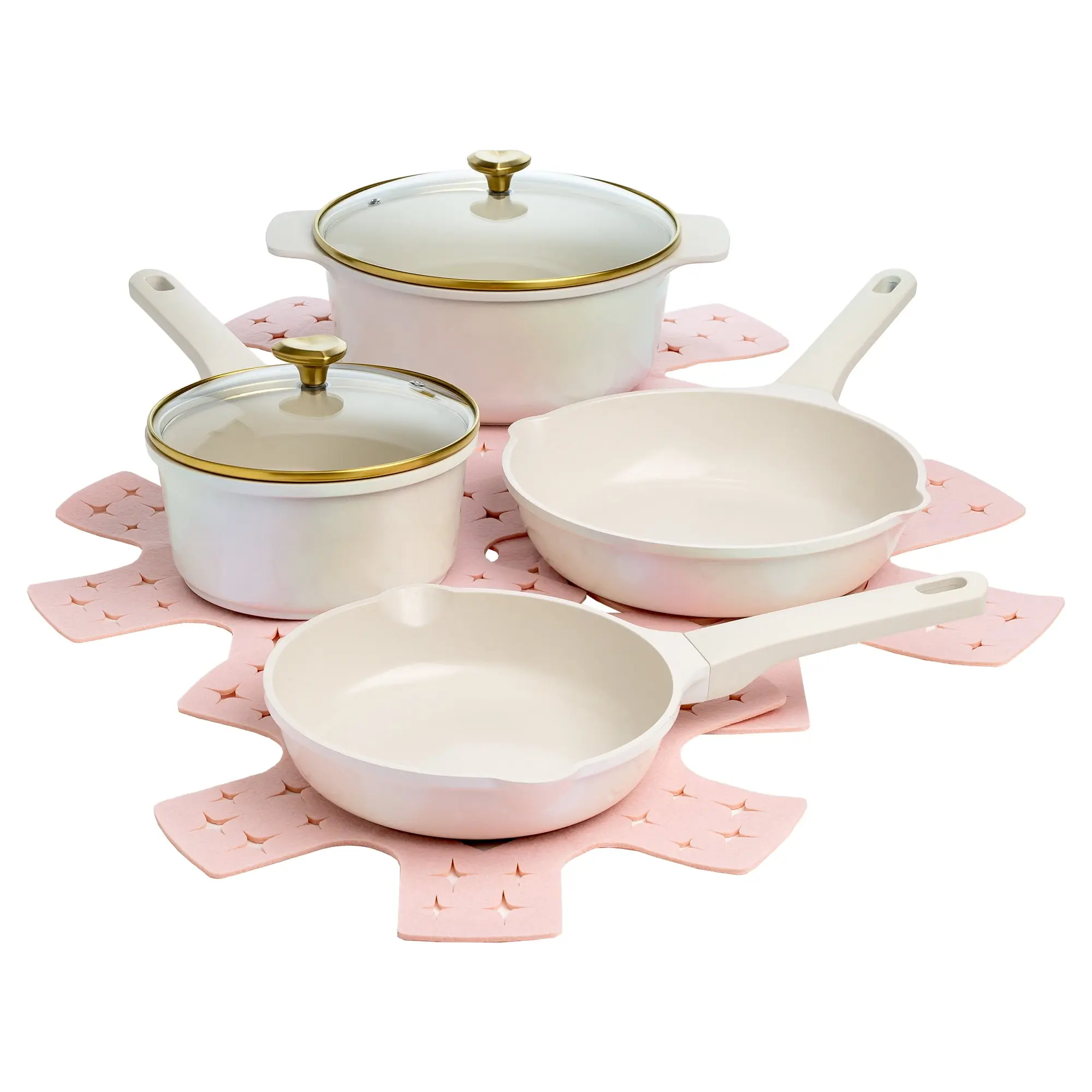 Paris Hilton Clean Ceramic Nonstick Cast Aluminum Cookware Set with Heart Knobs, Iridescent White