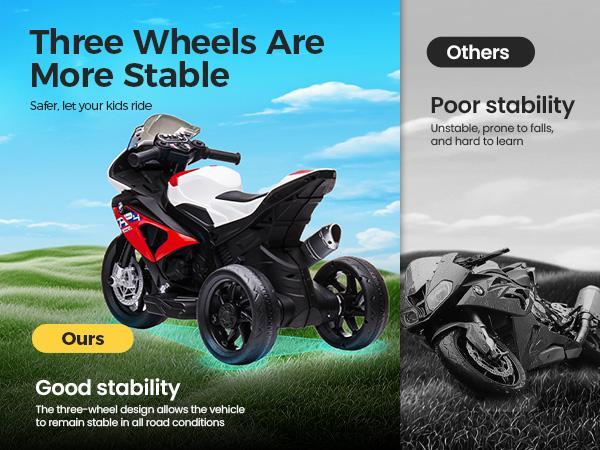 【Phivilla Home】12V Kids Electric Motorcycle,  Ride on Toy for Toddlers Battery Powered 3-Wheel Stable Design with Horn, Music & LED Lights