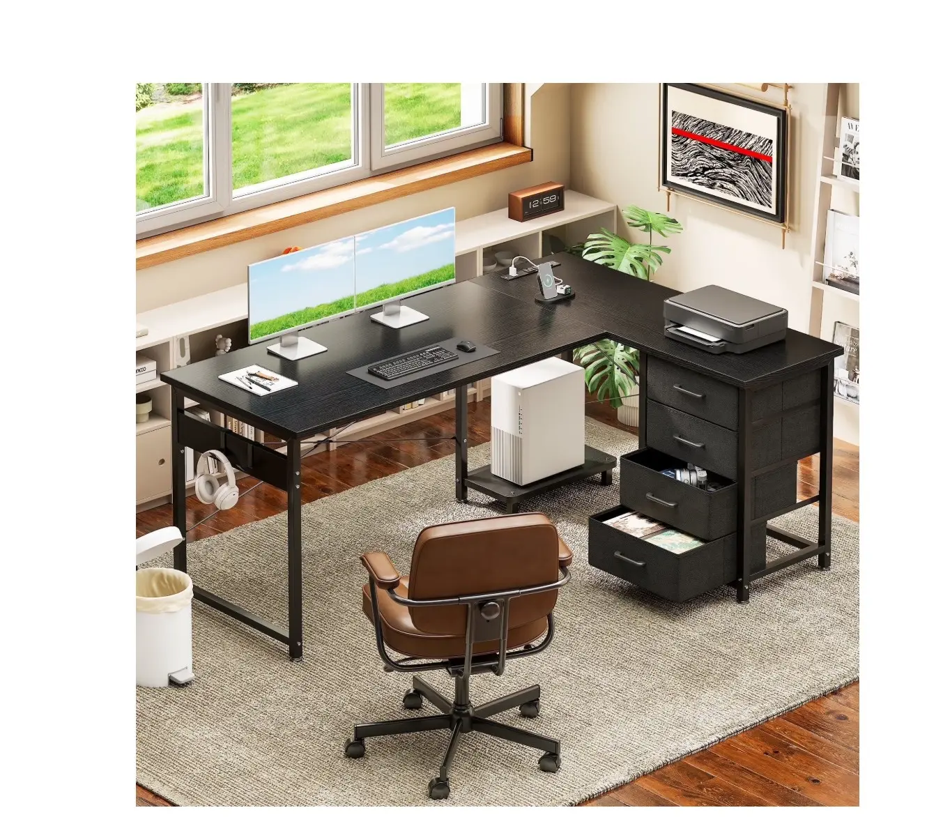 L Shaped Computer Desk with Charging Station, 53 inch PC Table Study Desk 4 Tier Drawers, Modern Simple Style Laptop Desk for Bedroom, Black