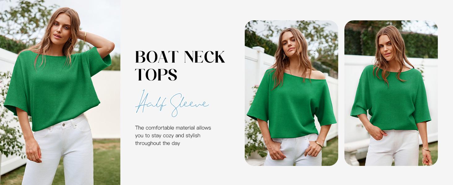 Cicy Bell Womens Half Sleeve Sweaters Oversized Boat Neck Knitted Pullover Sweater Trendy Casual Loose Fit Fall Tops