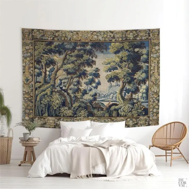 Greenery Print Decorative Tapestry - Antique French Cotton-Polyester Wall Hanging, Living Room Wall Decor, Room Decor for Medieval Reenactment