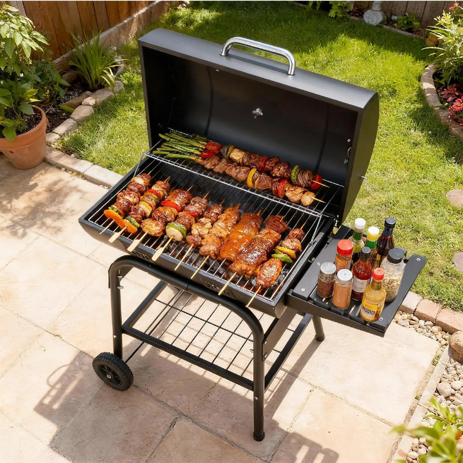 【Summervibes】Charcoal BBQ Grill with Side Shelf, Large Cooking Surface, Portable BBQ Grill with Temperature Gauge, Outdoor Barrel BBQ Grill Kit with 2 wheels for Patio Porch Picnic