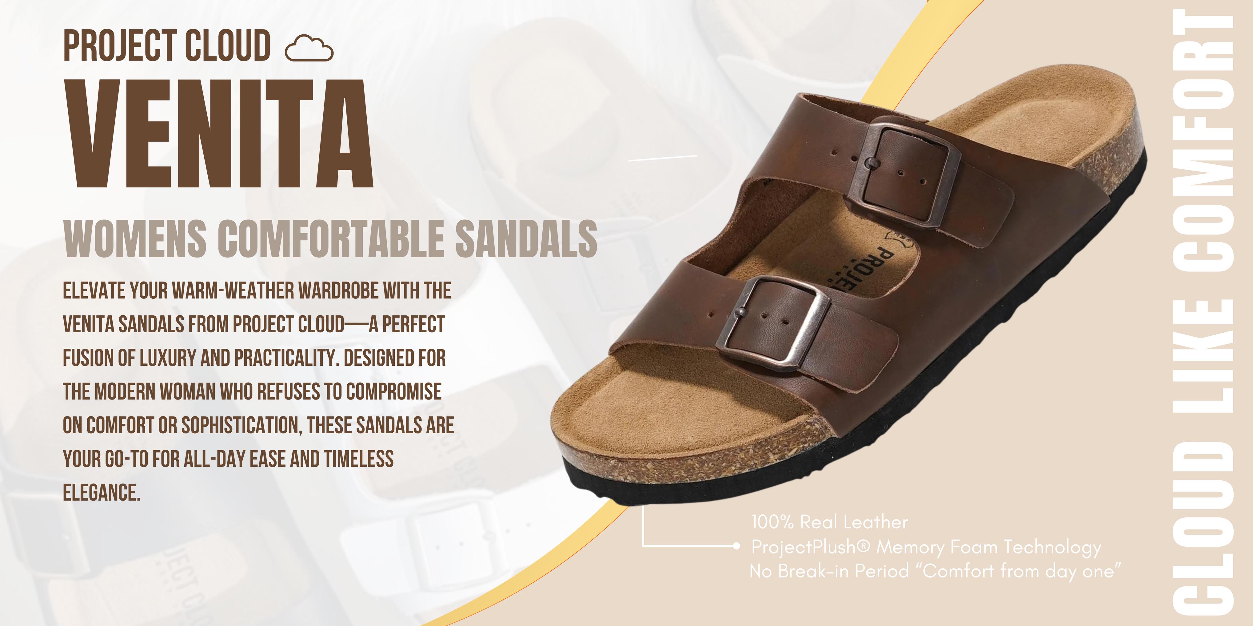 Project Cloud Women's | 100% Genuine Leather Womens Sandals | Memory Foam | Lightweight | Non-Slip - Venita