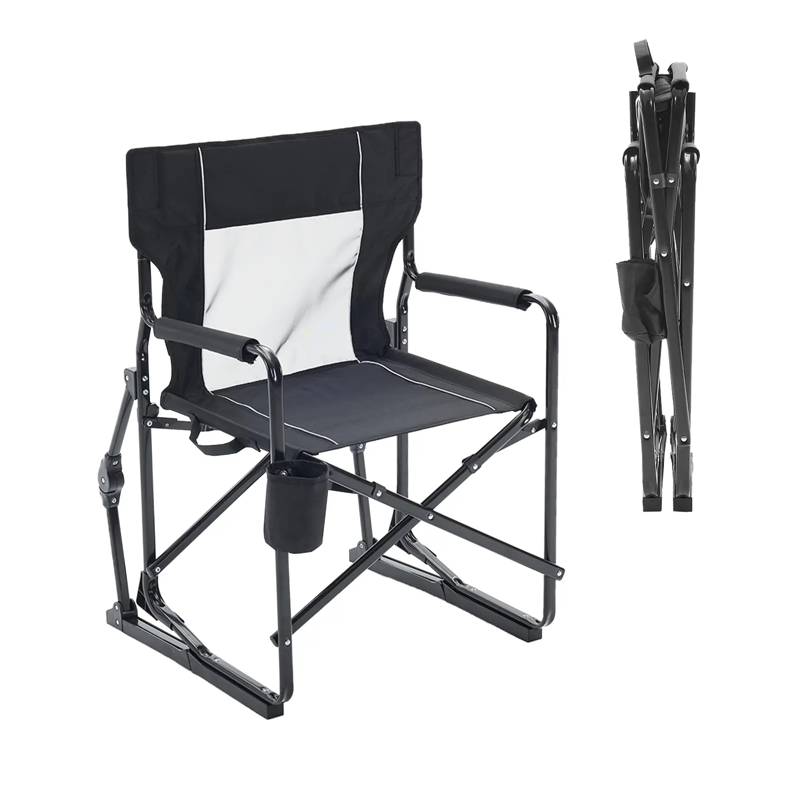 Portable Folding Camping Rocking Chair - 400 Lbs Capacity, Adult Size, Heavy-Duty Folding Frame, Breathable Mesh Fabric Lawn Chair with Spring Motion & Cup Holder for Patio Beach Tailgating, Outdoor Relaxation