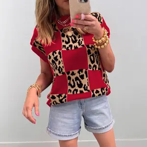 Womens Leopard Print Top Crewneck Checkerboard Short Sleeve Knit Sweater Vest