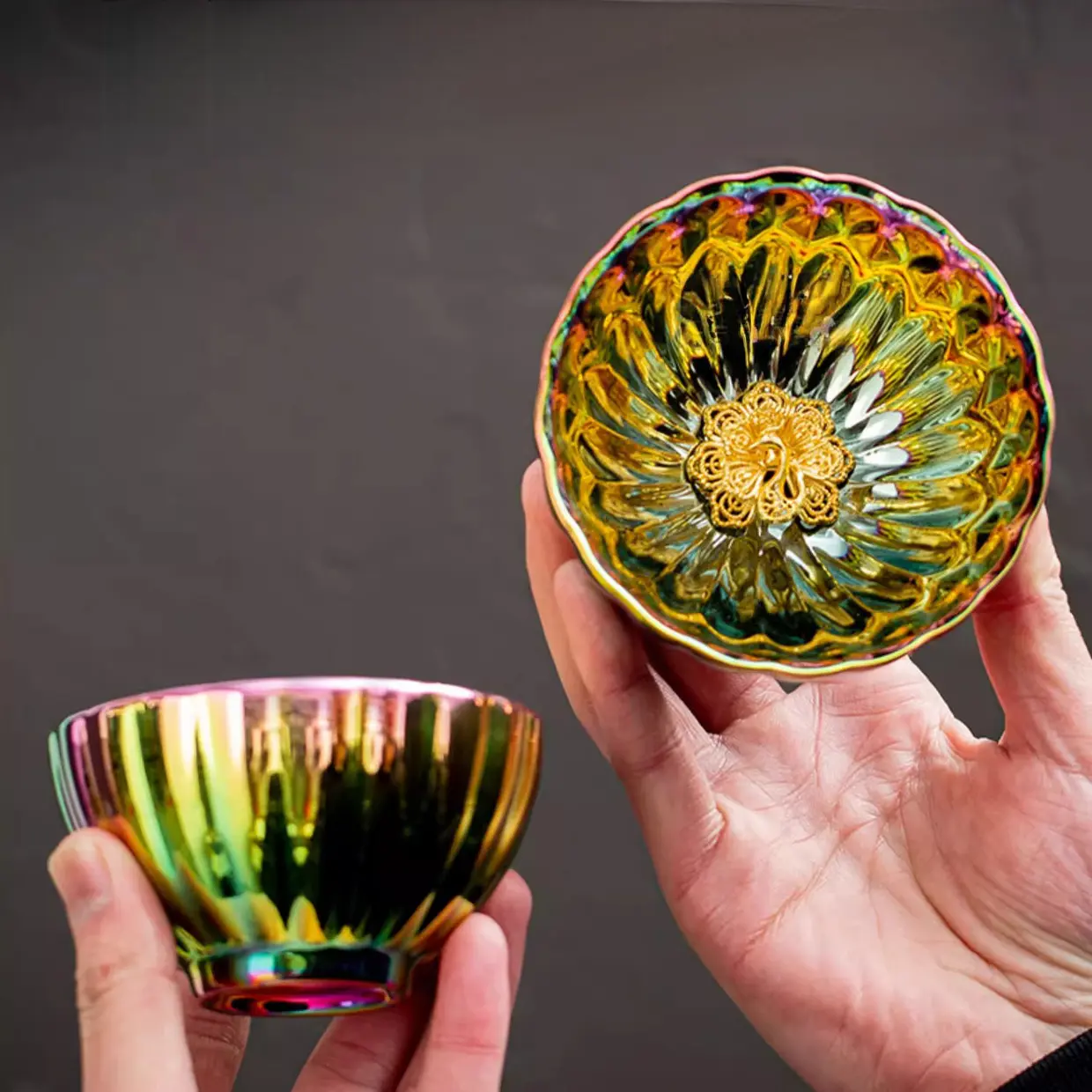Traditional Chinese Style Handmade 3D Floral Golden Lotus Ceramic Tea Cup - Artisan Kitchenware Drinkware, Ideal Home Decor Gift