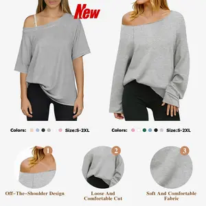 Fisoew Sports Summer Spring Women's Off-Shoulder Thin Sweatshirt/Tees, Wide Neckline Loose Pullover, Long Sleeve Y2k Fashion Loose Fit Top, SpringStatements Jeans