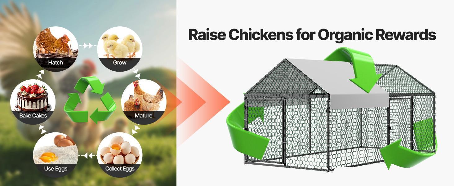 VEVOR Metal Chicken Coop for 4-6 Chickens, 3.3 x 6.6 x 3.3 ft, Small Chicken Cage with Waterproof Cover & Double Doors, Spire Roof Poultry Run Compatible with Wooden Coops, for Rabbit Hen Goose Duck#BackToSchool