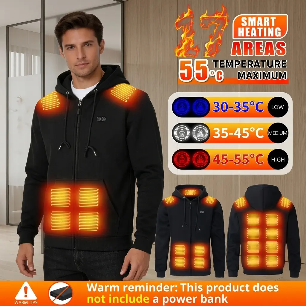 17-Zone Smart Heated Hoodie - Dual-Control USB Electric Heating, Windproof Fleece Outerwear with Full-Zip, Hooded Neck, Universal Fit for Men & Women Winter Outdoor Hunting, Camping, Zipper, Heating Zones