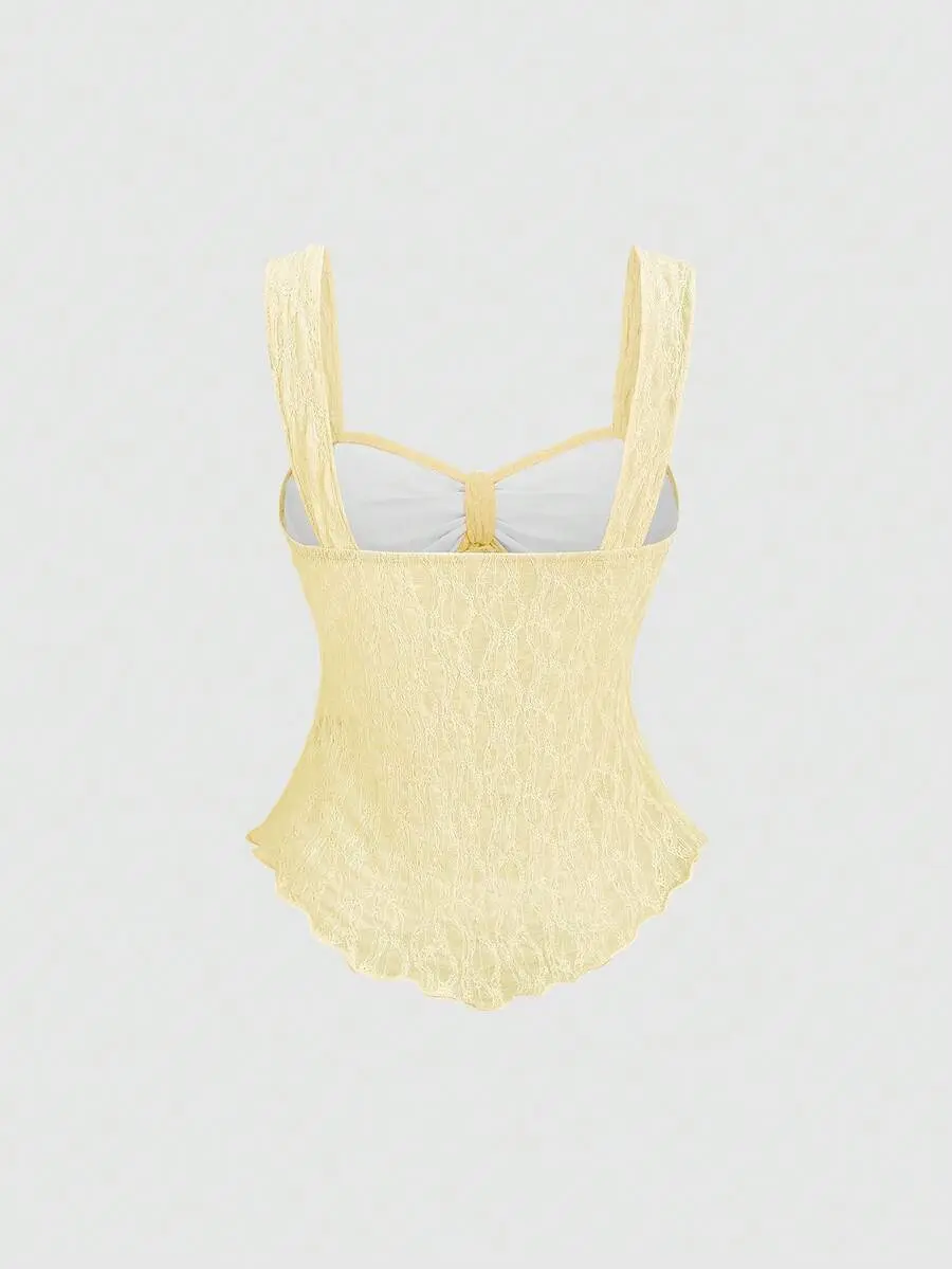 Women's Strappy Ruched Crop Top, Basic Plain Cami with Bowknot Detail and Lettuce Trim, Sheer Slim Fit