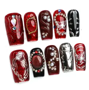 MuseMoodNails PG25 Handmade Medium Square 3D Gel Press-On Nails, 10 PCS, Handmade Detail, Reusable, Long-Lasting, Salon-Ready, Vegan-Safe, Acrylic Fake Nails