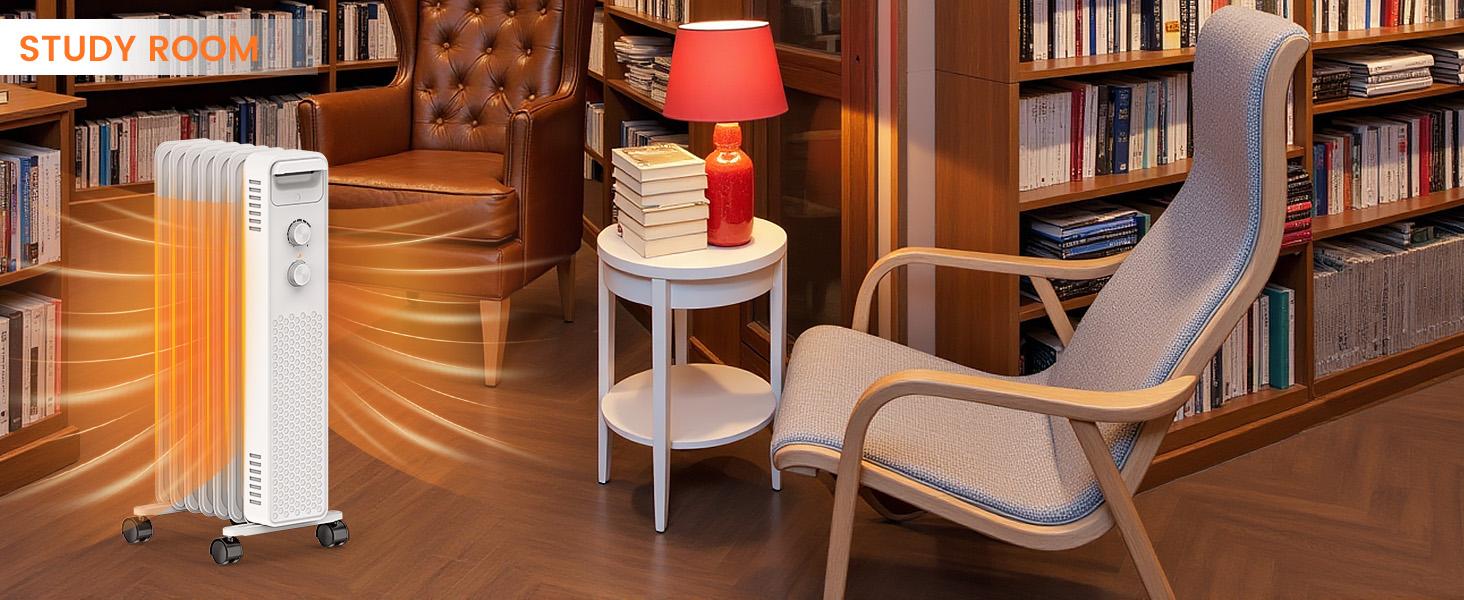 R.W.FLAME Oil Filled Radiator Heater,1500W Portable Electric with 3 Settings Adjustable Thermostat, Overheat Protection ,Quiet for Indoor Bedroom,Office, Wheels Handle Mobility, 7 Fins