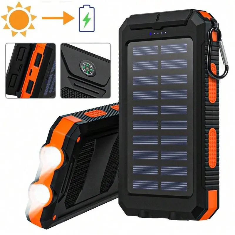 10000mAh Portable Solar Power Bank - Generators with Portable Panel, 2 USB Ports, LED Flashlights, Compass - Travel Tools and Gadgets, Camping External Charger for Mobile Phones, Gifts for Boyfriend,back to school,back to school haul