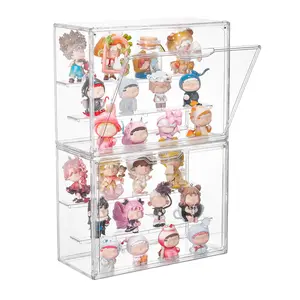 【New Arrival】Vtopmart 2-4 Pack Clear Acrylic Display Case for Collectibles, Plastic Storage Bins with 2 Adjustable Divider and Magnetic Door, Stackable Display Box for Figures Showcase