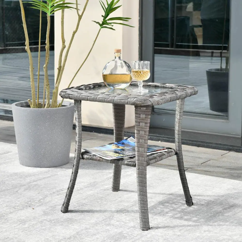 【Summerfinds】OVIOS Outdoor Patio Side Table with Tempered Glass Top & Storage Shelf, All-Weather Wicker Rattan Coffee End Table for Backyard, Patio, Porch, Deck, Garden, Balcony & Poolside