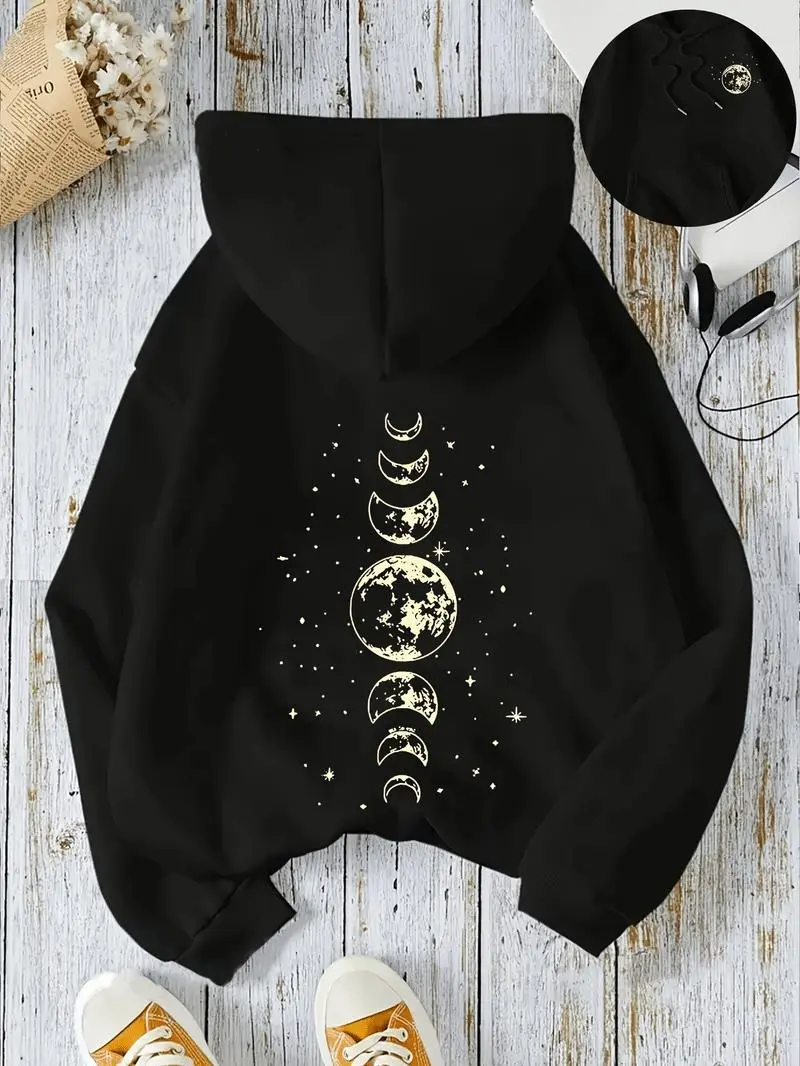 Women's Moon Print Hoodie, Soft Oversized Streetwear Sweatshirt with Kangaroo Pocket, an Everyday Essential for Fall and Winter