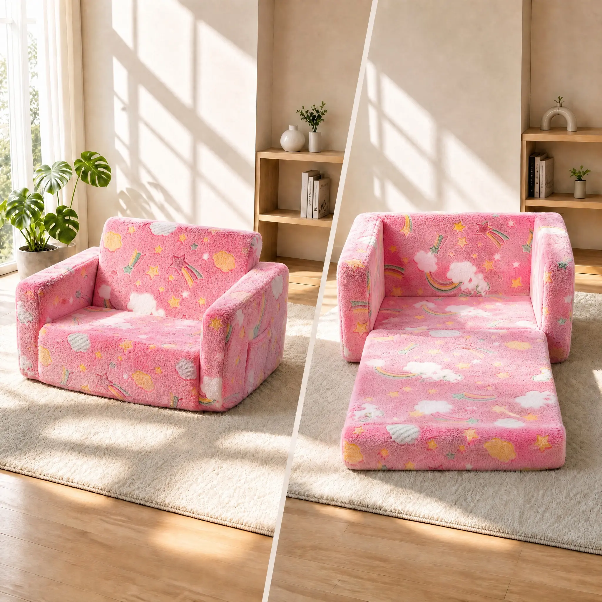 Cute Single Cartoon Animal Unicorn Kids Folding Sofa Chair - Sturdy Machine Washable Toddler Armchair, Nursery Girl Room Furniture, Cozy Reading Couch for Bedroom Children's Gift, Kid Couch