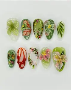 Fresh Green 3D Floral Nail Art with Jelly Layers, Hand Painted Blossoms, Abstract Swirls and Glossy Botanical Details for a Soft Spring Garden Aesthetic