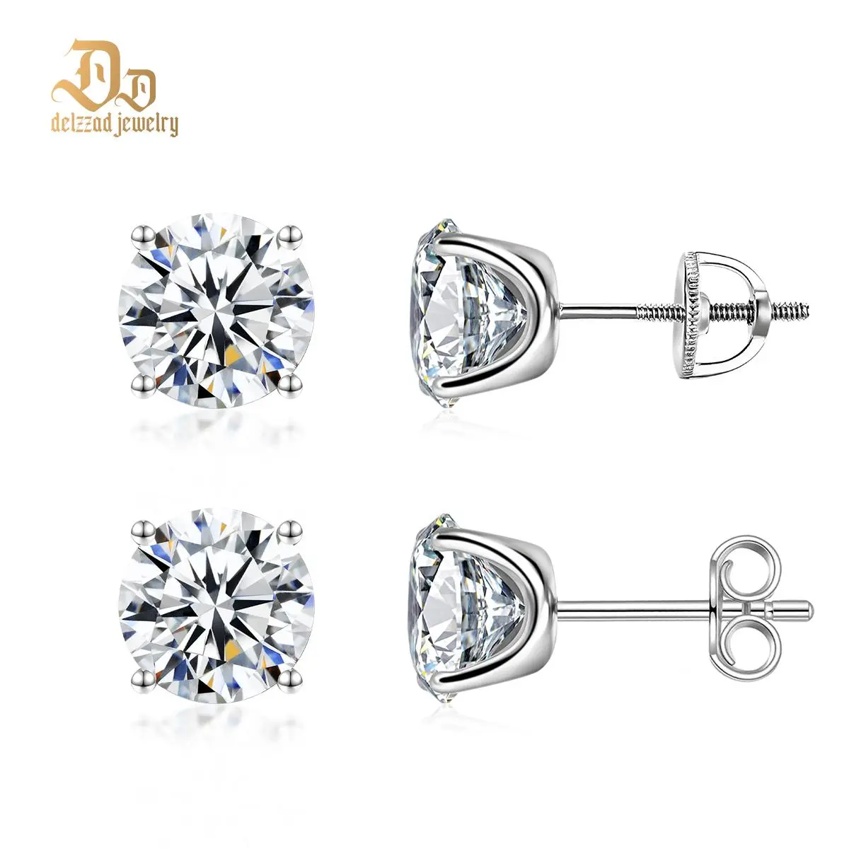 Delzzad S925 Solitaire Four Prong Earrings Screw Back/Butterfly Back Lab-Created Moissanite Stud Earring Moissanite Jewelry Perfect Birthday Mother’s Day Christmas Gift for Men Women Wedding Set Diamond Stud Earrings White Stud