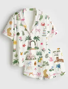 Summer Beach Watercolor Whimsical Coastal Icons Palm Tree Satin Pajama Set, Bride Whimsical Coastal Bouquet PJs, Party Wedding Gifts Her