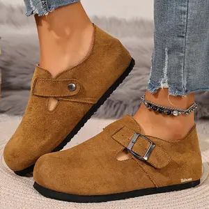 Fashion Women's Flat Heel Suede Buckle Mule Clogs Casual Indoor Outdoor Shoes Footwear Springfresh