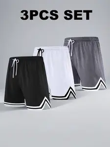 Men’s 3-pack summer casual athletic shorts featuring stylish striped paneling and a slit design, made from comfortable, breathable mesh—basketball shorts suitable for running, fitness, and everyday outdoor activities