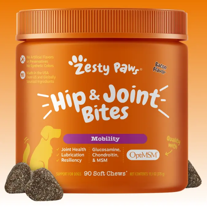 Zesty Paws Hip & Joint Mobility Bites for Dogs Natural Joint Health Supplements with OptiMSM Glucosamine & Chondroitin Sulfate 90 Soft Chews