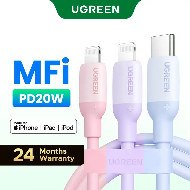 UGREEN Mobile Charger Cables Set - 20W 3.3ft Length USB Type-C to Lightning (MFi Certified) & 60W USB-C Cordless Cord, Compatible with iPhone 17-8 Series, iPad 9, AirPods Pro, Greenish
