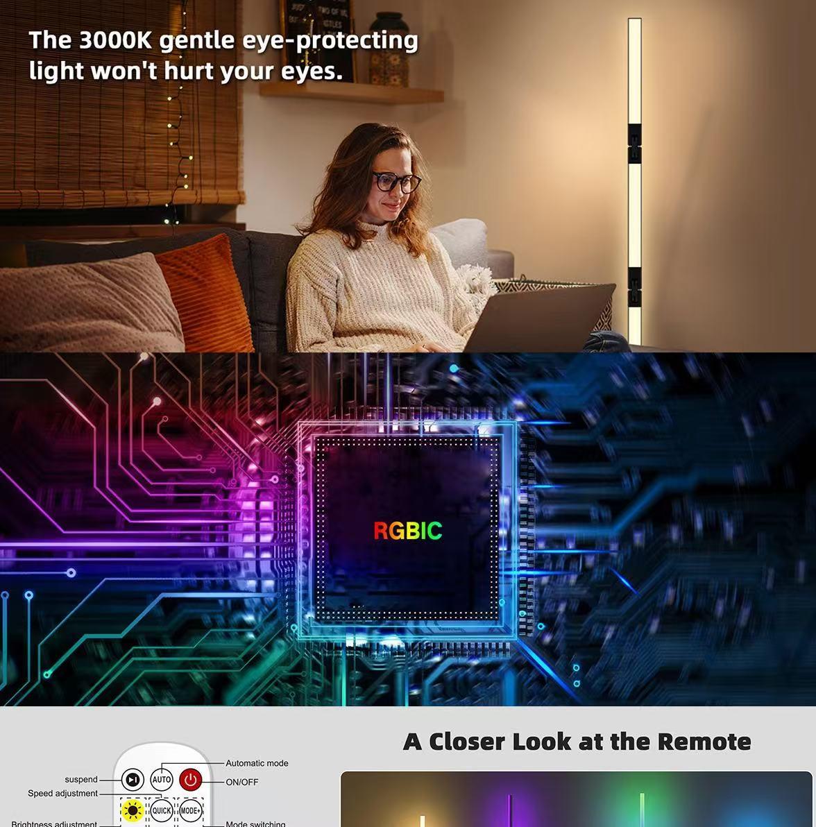 smart RGB floor lamp supports both app and remote control. Its foldable design allows for easy DIY customization, the lamp tube rotates 360°, and it features a music-synchronized timer function. Suitable for bedrooms, living rooms, and home décor.