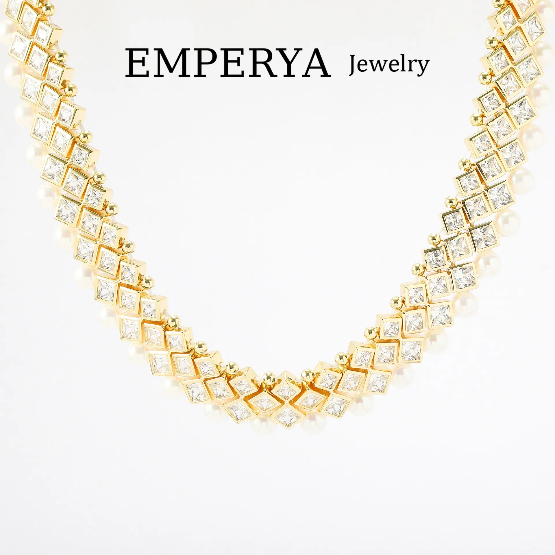 EMPERYA 14K Gold Plated Luxury Pearl & Crystal Collar Necklace | Sparkling Princess Cut Stone Statement Jewelry | Elegant Anniversary & Birthday Gift for Her
