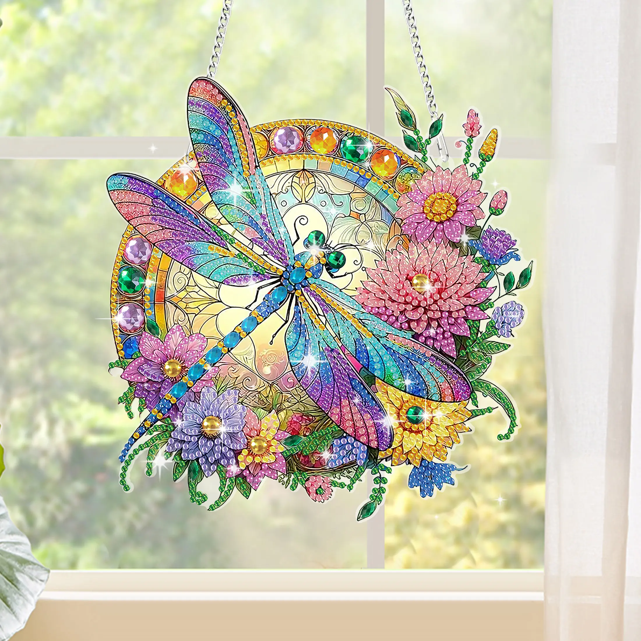 DIY Dragonfly Diamond Art Painting kit-Flower Diamond Art Painting Suncatcher,Hanging Ornaments for Home Garden Decoration,Christmas Gift for Adult, decor accessory