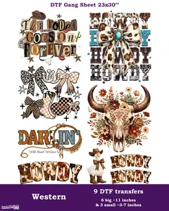 Western DTF Gang Sheet 9 Ready To Press Transfers 23x30. Darling, Howdy transfers. Same/Next Day Shipping