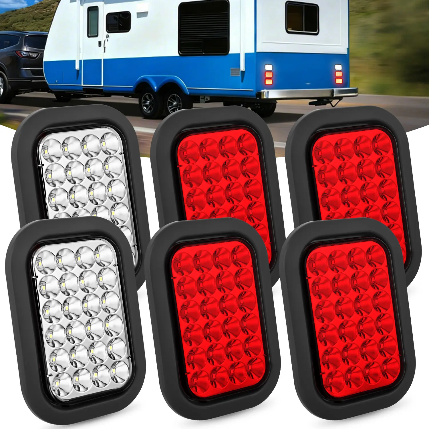 Nilight 4-Pcs 5"x3" Rectangular LED Trailer Tail Lights - 24LED 12V Red Brake, Turn Signal, White Reverse, 5.47”X3.58”X2.26”", Easy Flush Mount Grommet Plug, 2 Levels, IP67 Sealed Water Resistant, Bright Luminous for Trucks