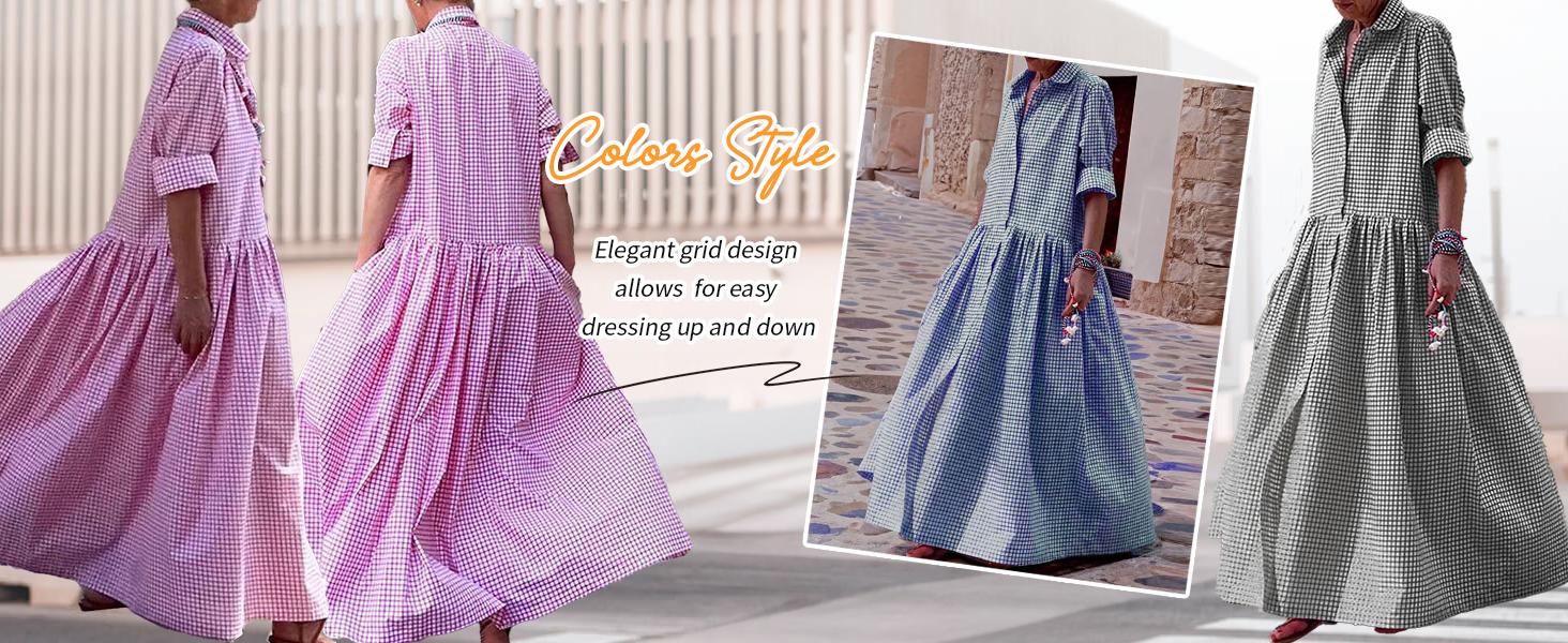 Chouyatou Women's Vintage Plaid Shirt Dress Loose Long-Sleeved Checkered A-Line Maxi Dress SpringStatements