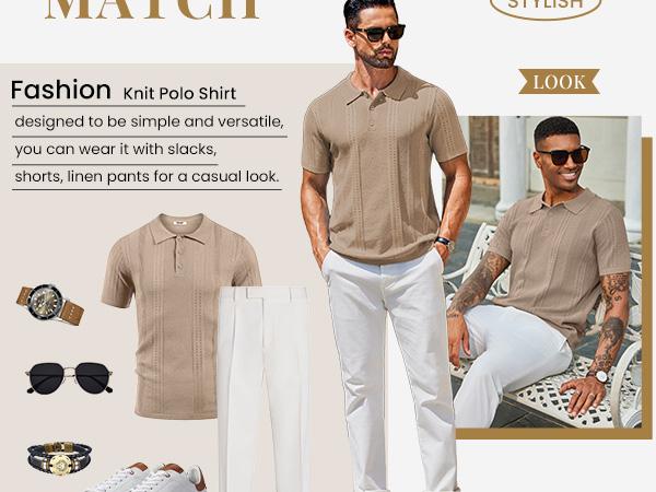 COOFANDY Mens Knit Polo Shirts Short Sleeve Collared Golf Shirt Hollow Out Textured T-Shirt Summer Fashion Tops