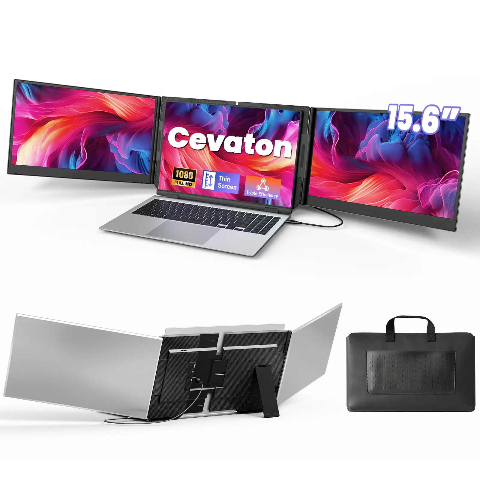 Cevaton 15.6" One-Cable Dual Laptop Screen Extender, Dual Portable Monitor for Laptop, 1080P FHD IPS Dual Screen for 13"-17.3" Laptops, Desktop Stand Setup, Monitor Only, Driver Setup May Be Required